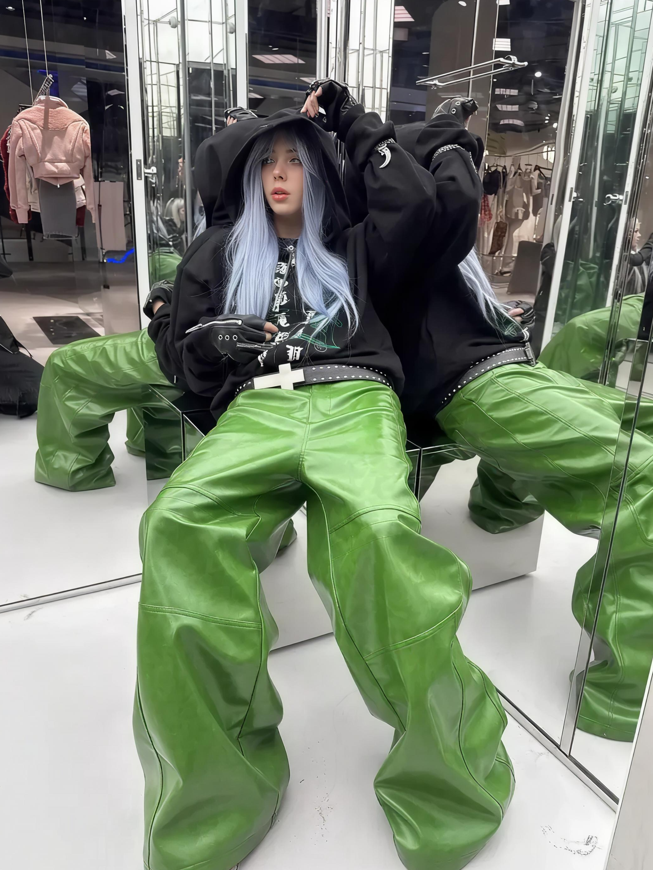 Green Liquid Leather Wide Leg Pants