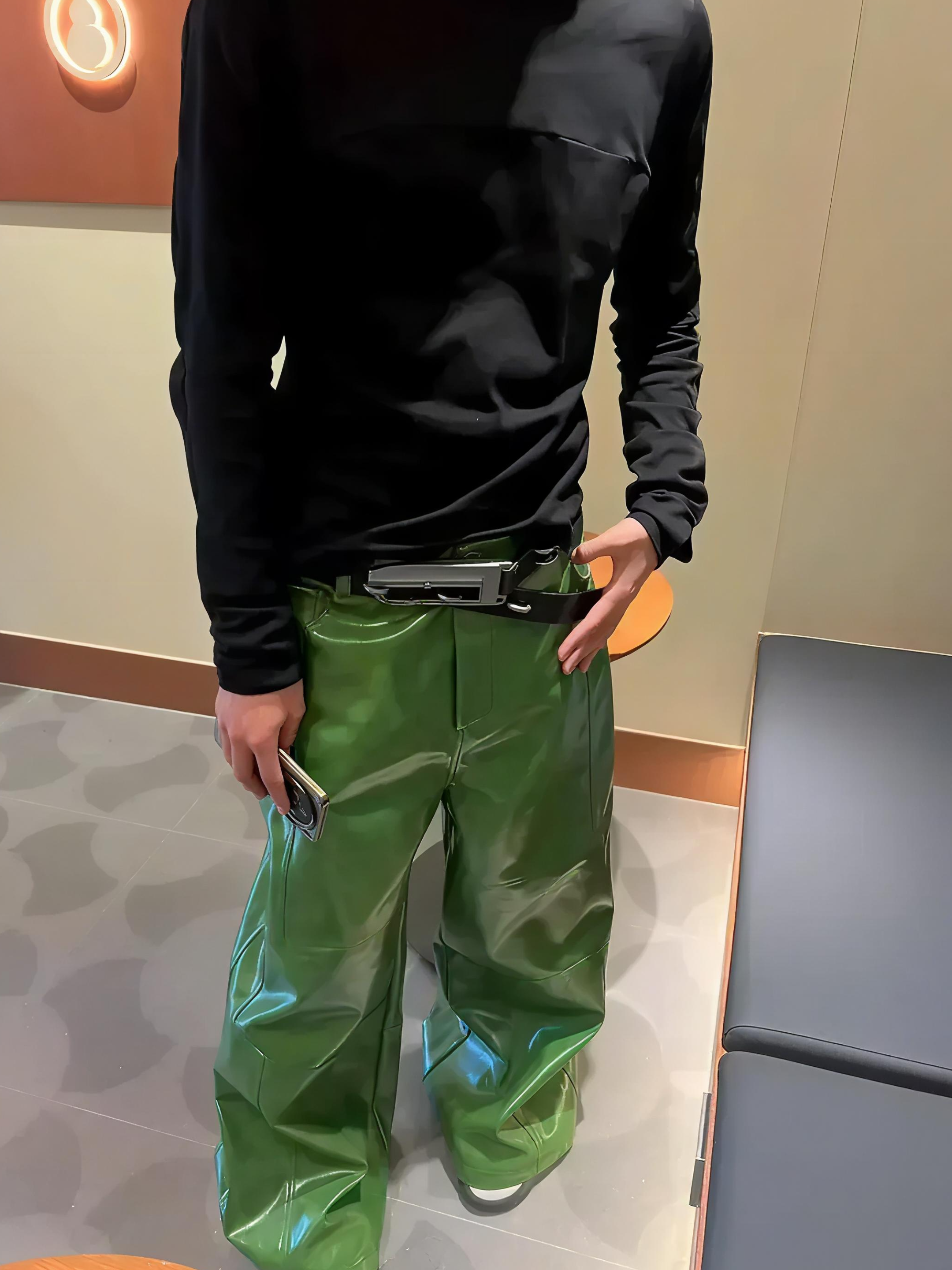 Green Liquid Leather Wide Leg Pants
