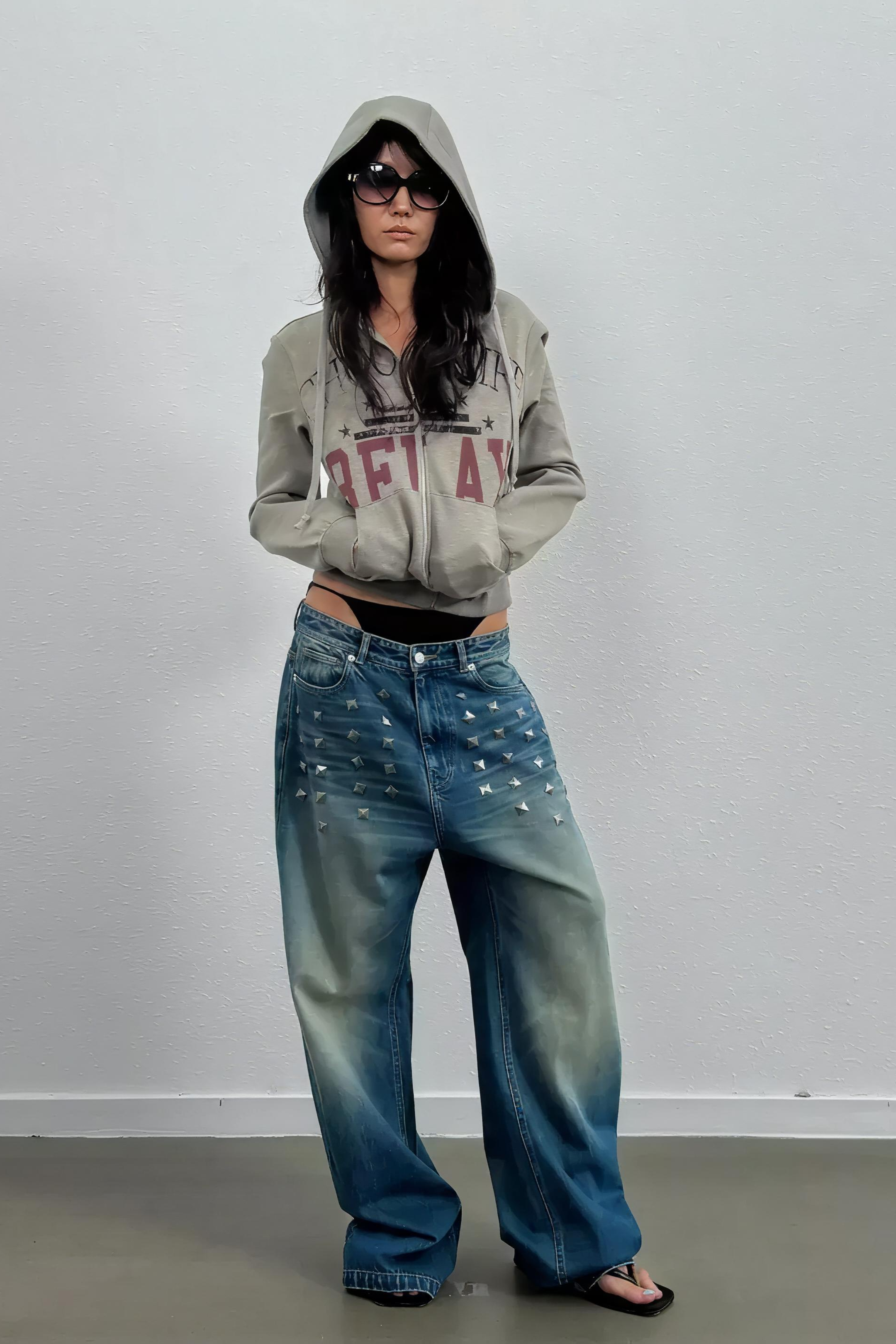 Blue Distressed Whisker Wash Baggy Loose Straight Jeans with Square Nails