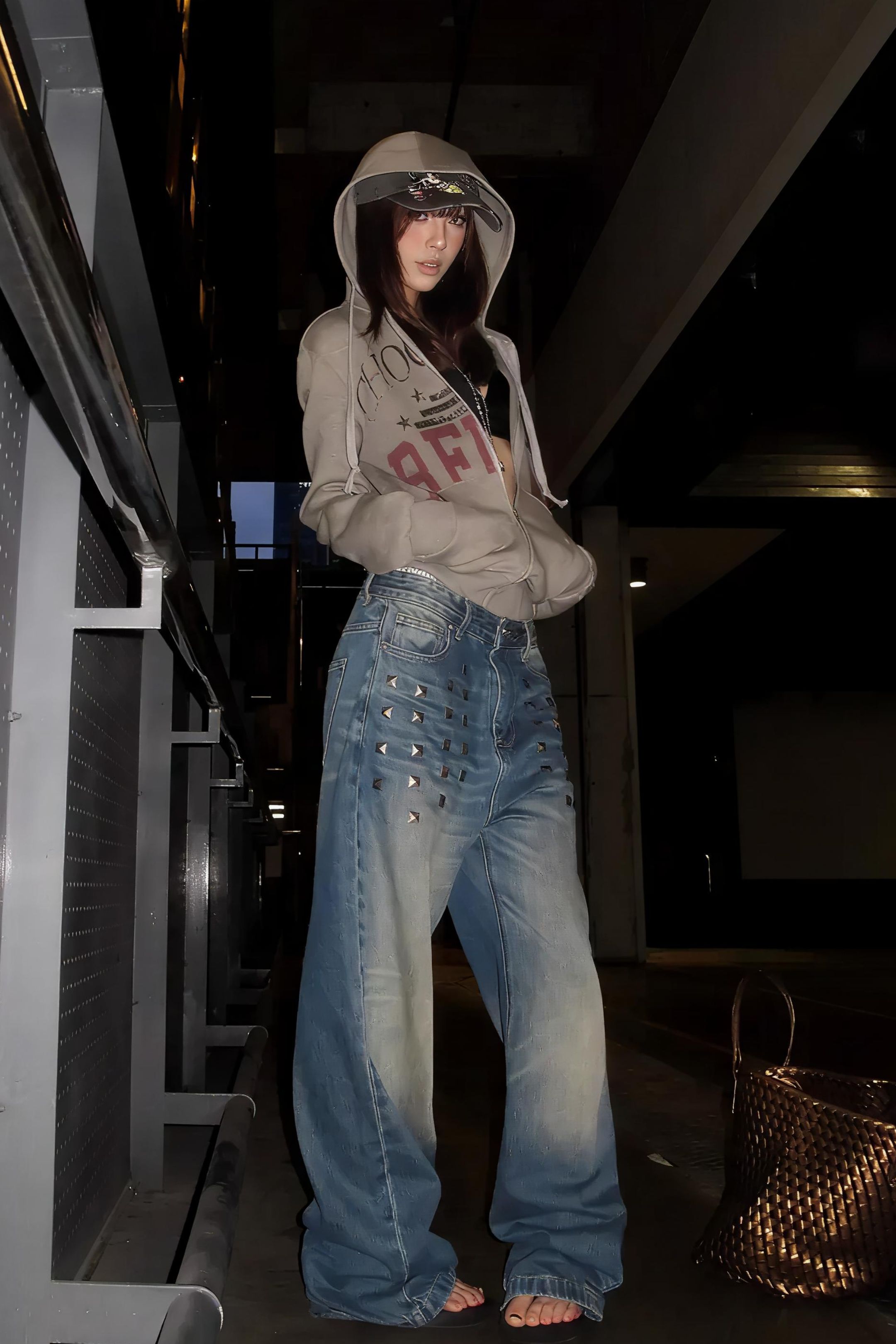 Blue Distressed Whisker Wash Baggy Loose Straight Jeans with Square Nails