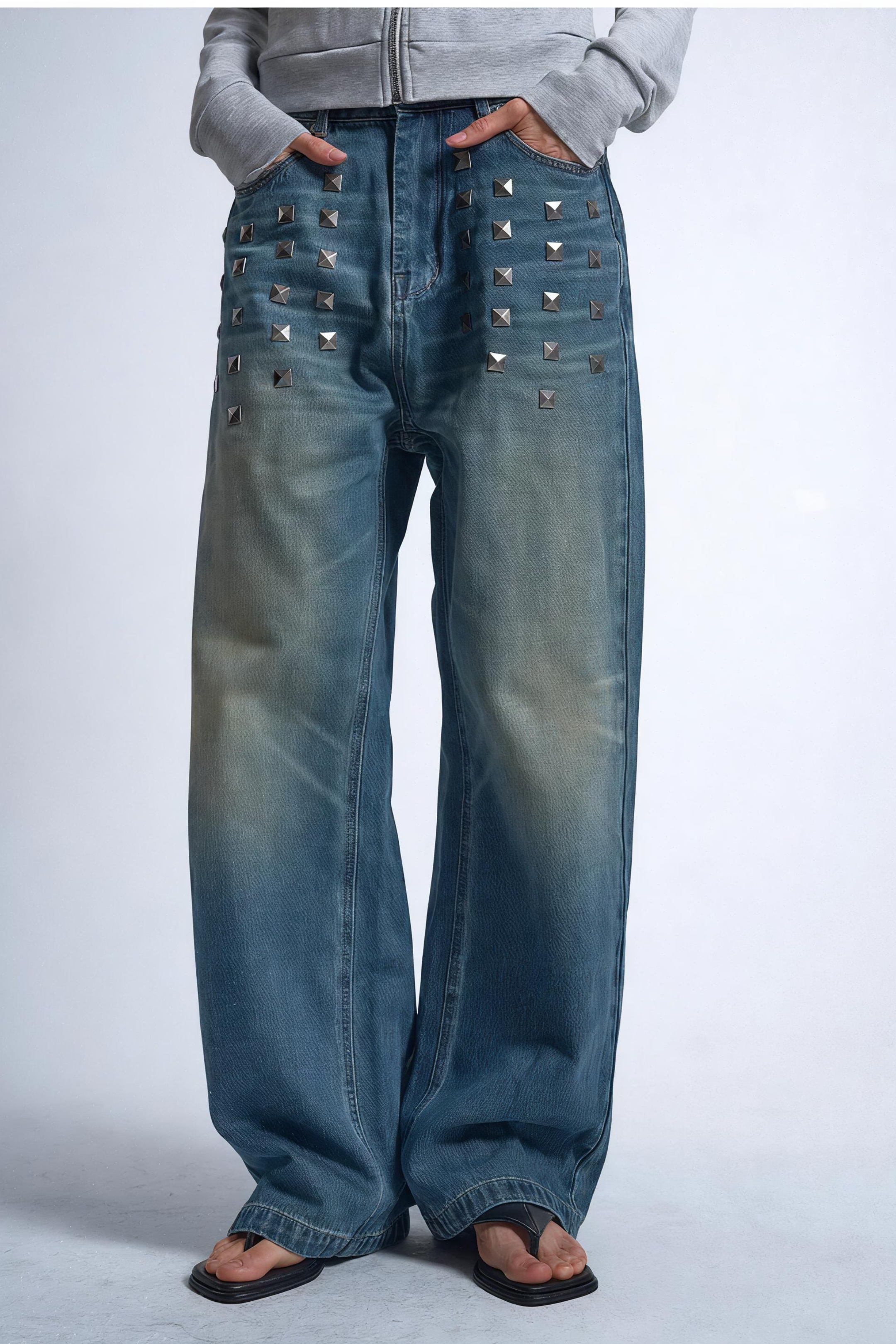 Blue Distressed Whisker Wash Baggy Loose Straight Jeans with Square Nails