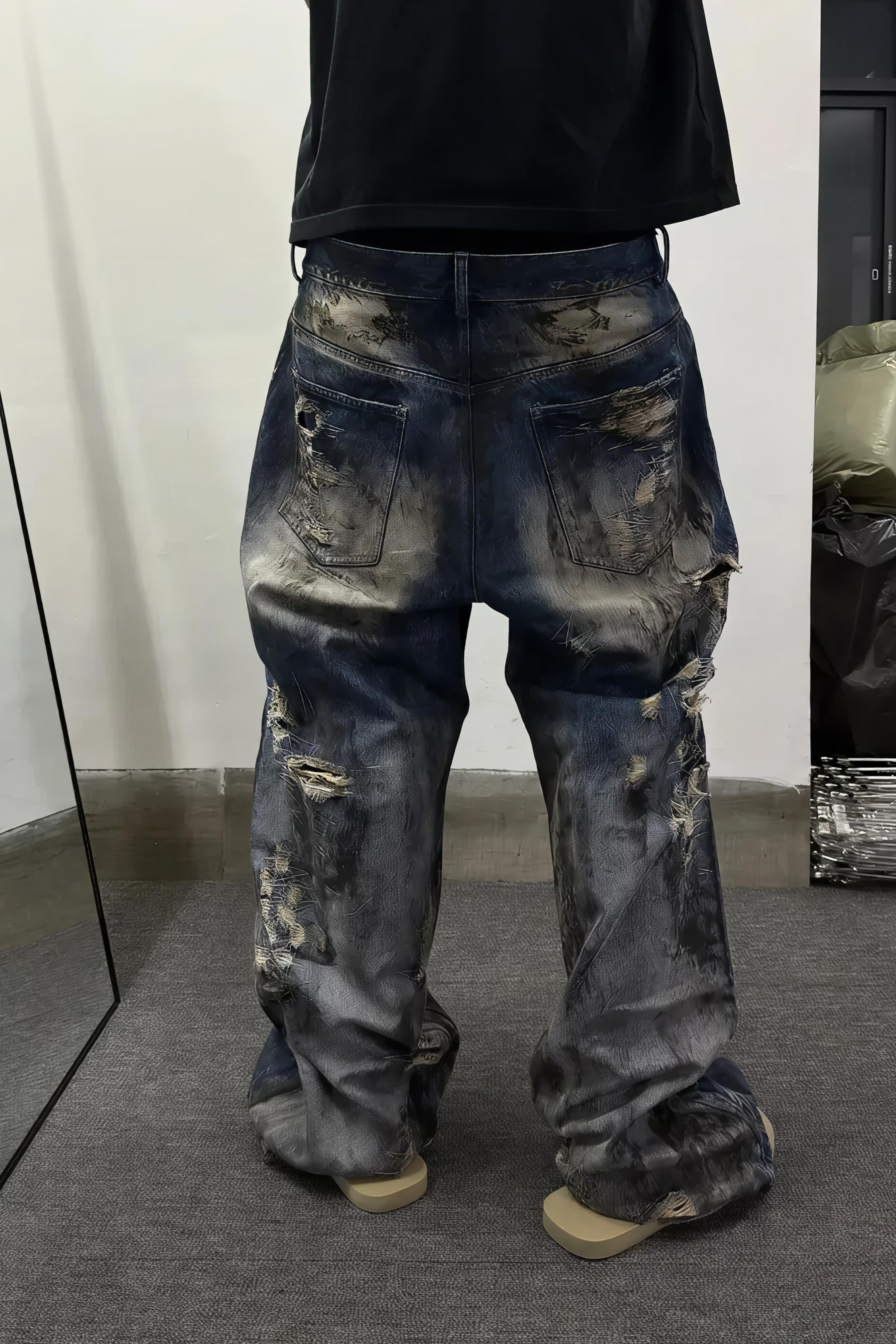 Washed Distressed Ripped Heavy Duty Jeans