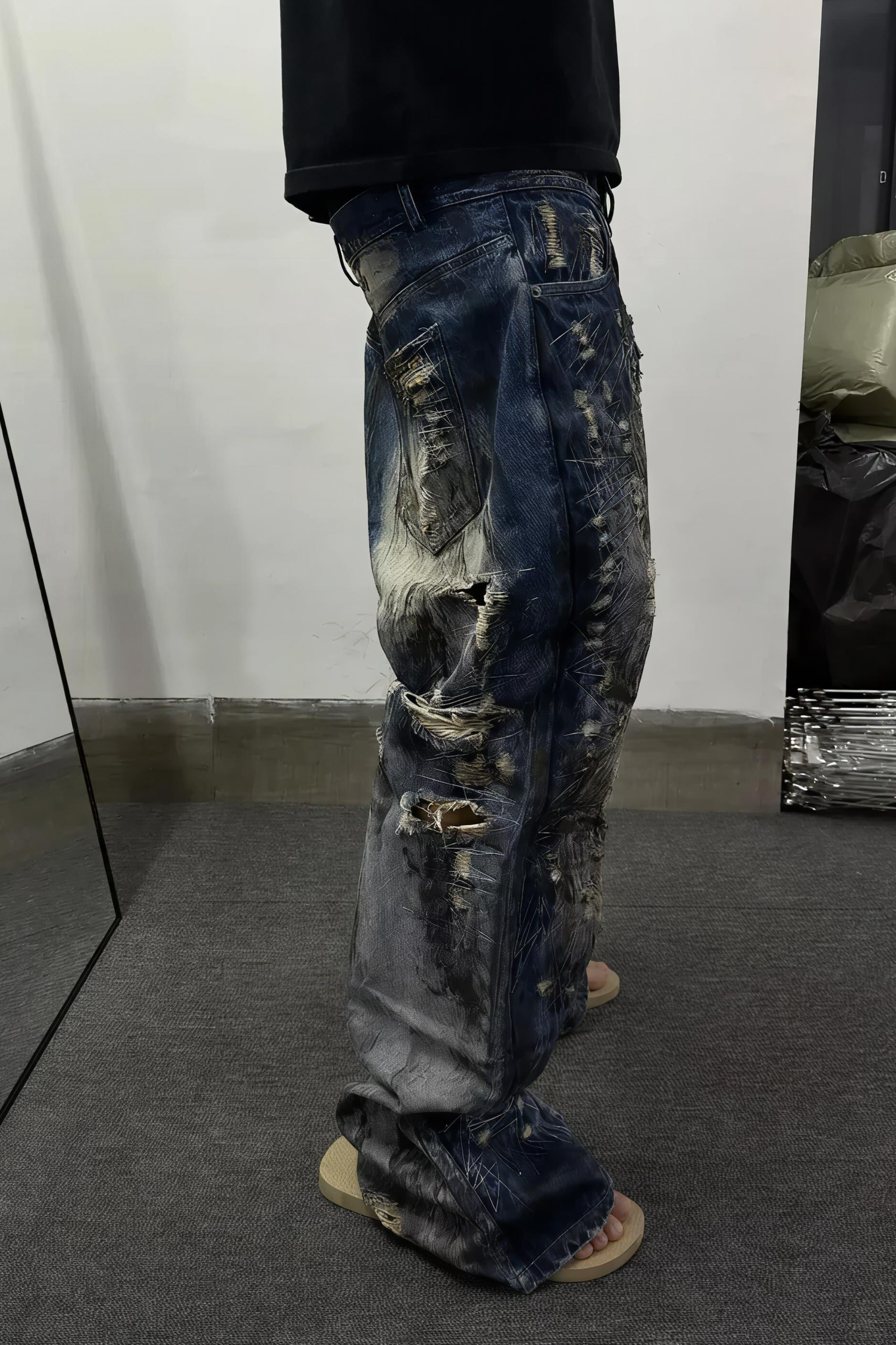 Washed Distressed Ripped Heavy Duty Jeans