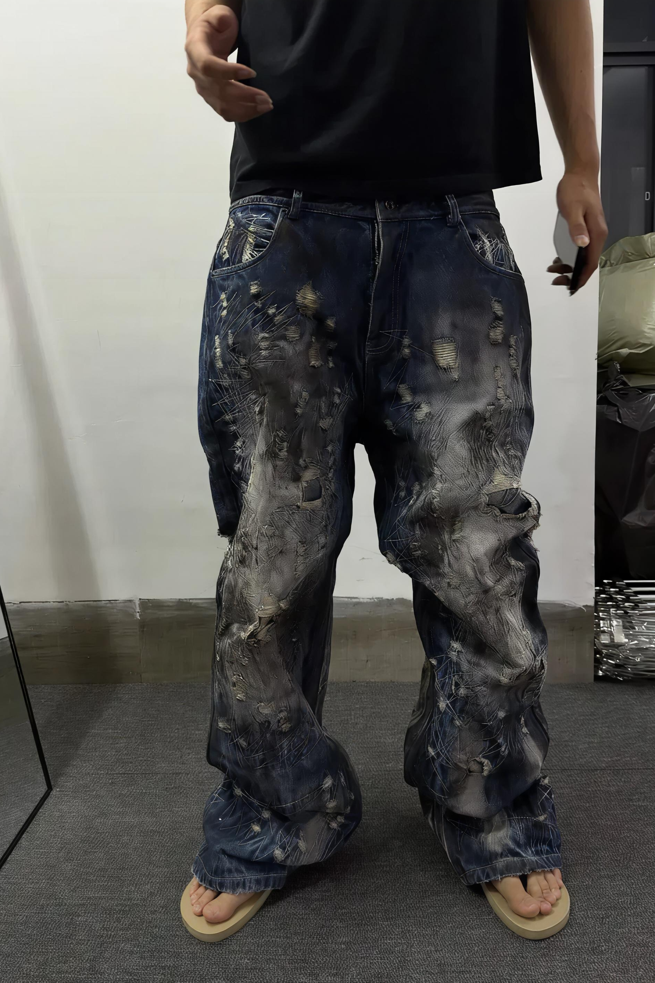 Washed Distressed Ripped Heavy Duty Jeans