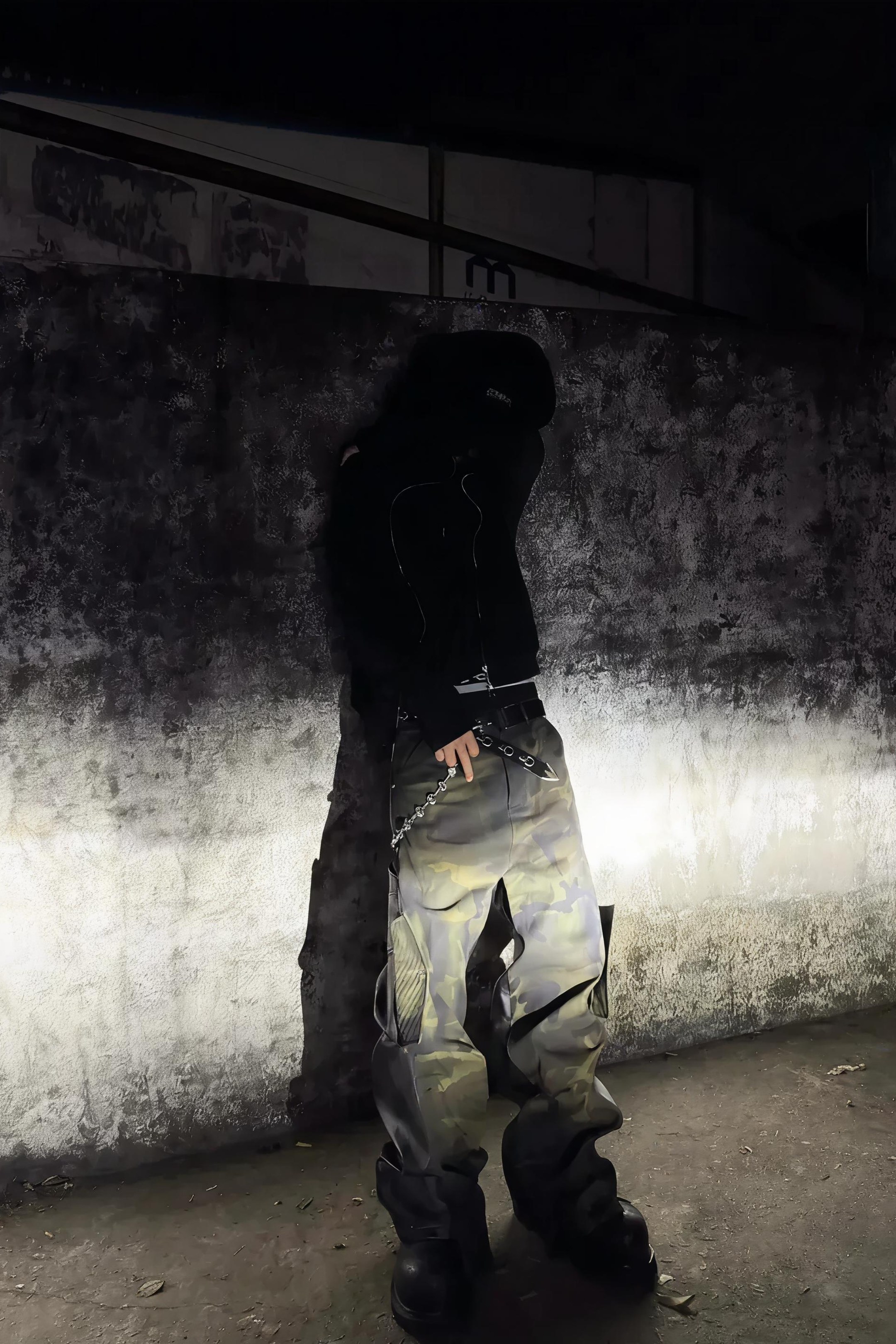 Camouflage Patchwork Leather Distressed Pants