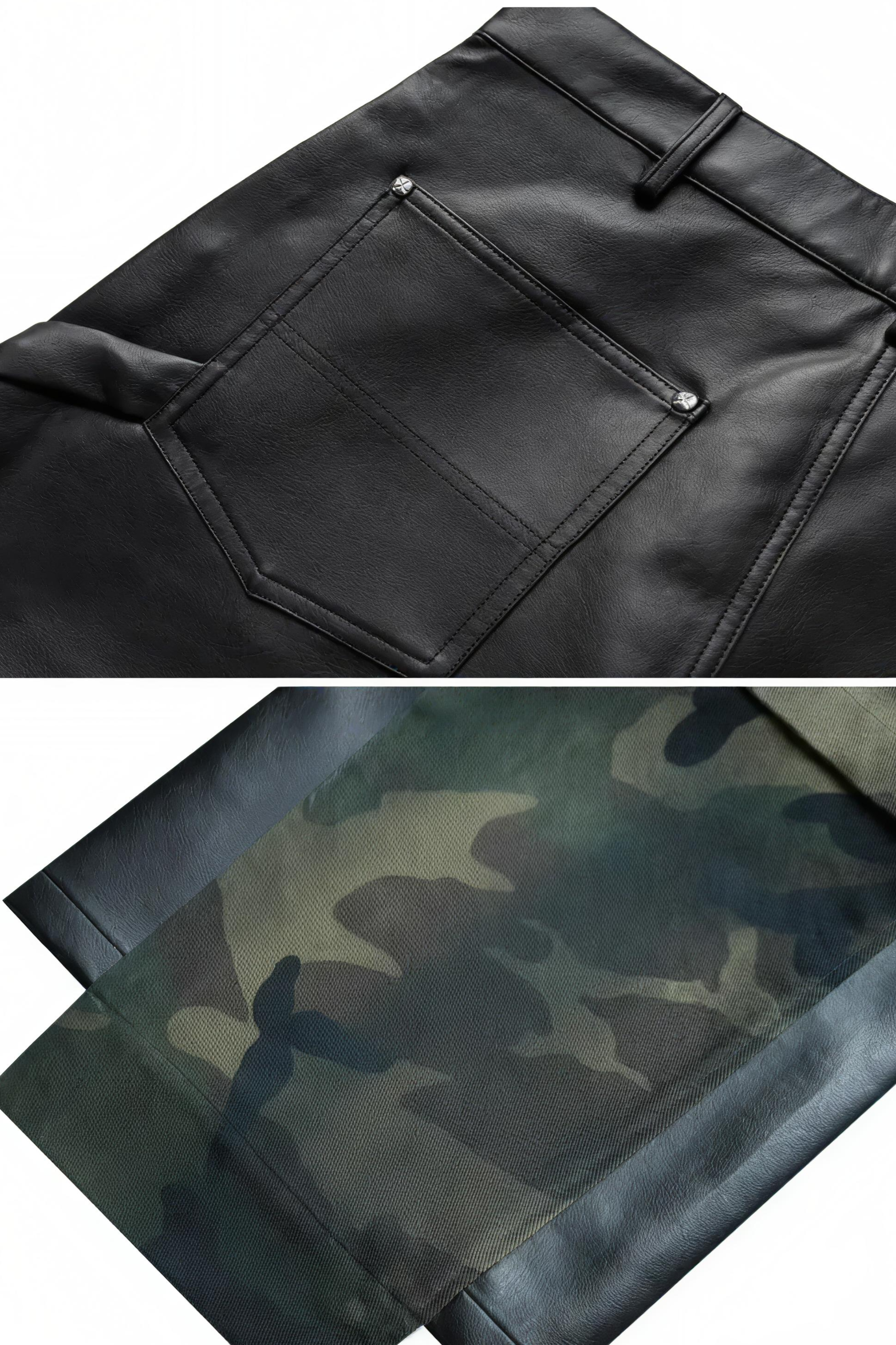 Camouflage Patchwork Leather Distressed Pants