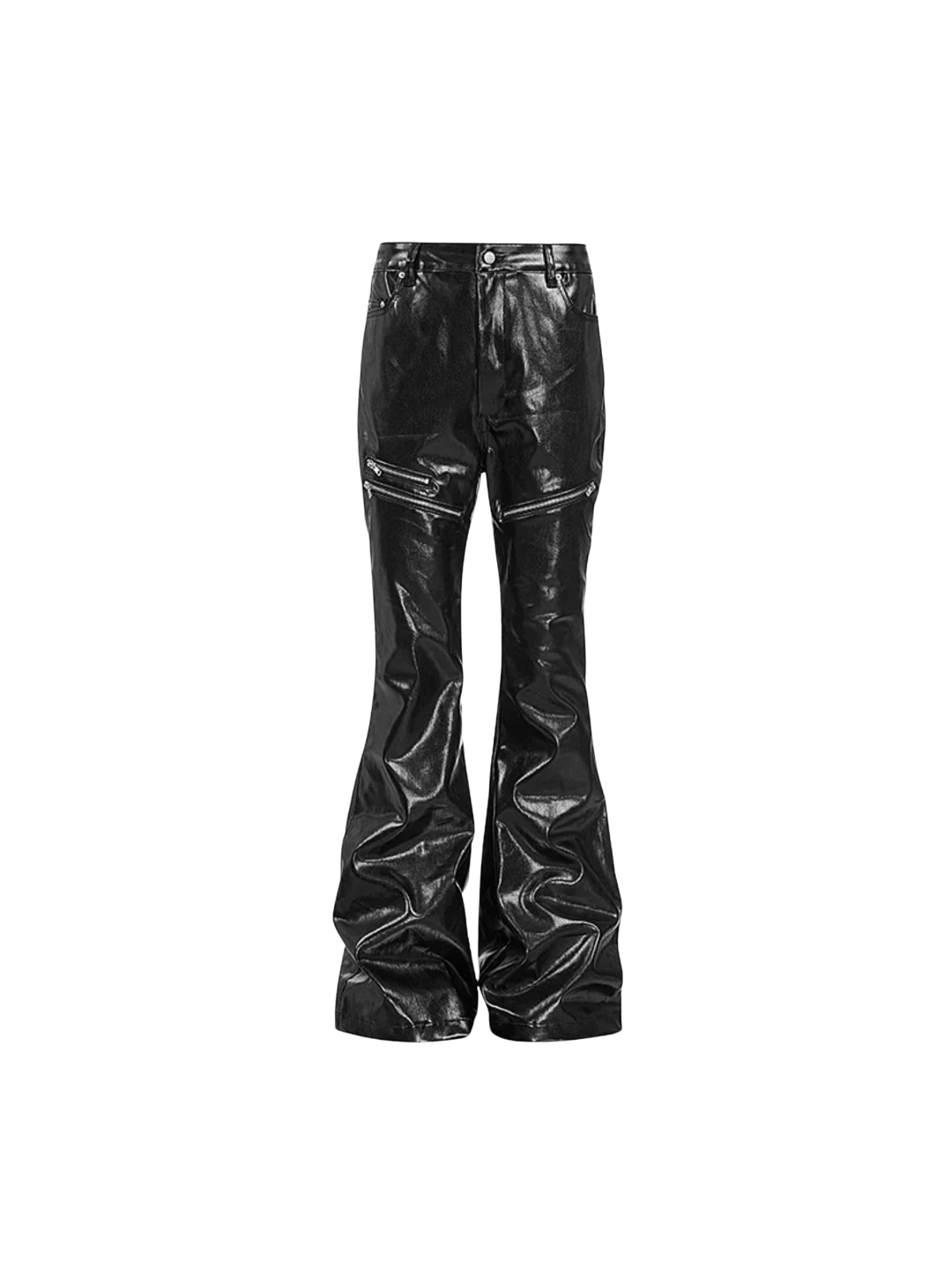 RХЯ Black Liquid Metal Coated Zipper Waxed Flare Pants