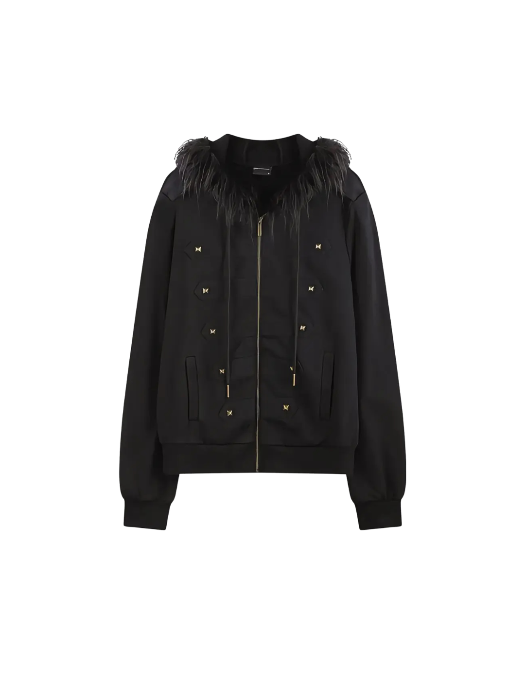 Rivet Decorated Slim Fit Hooded Fur Collar Sweatshirt