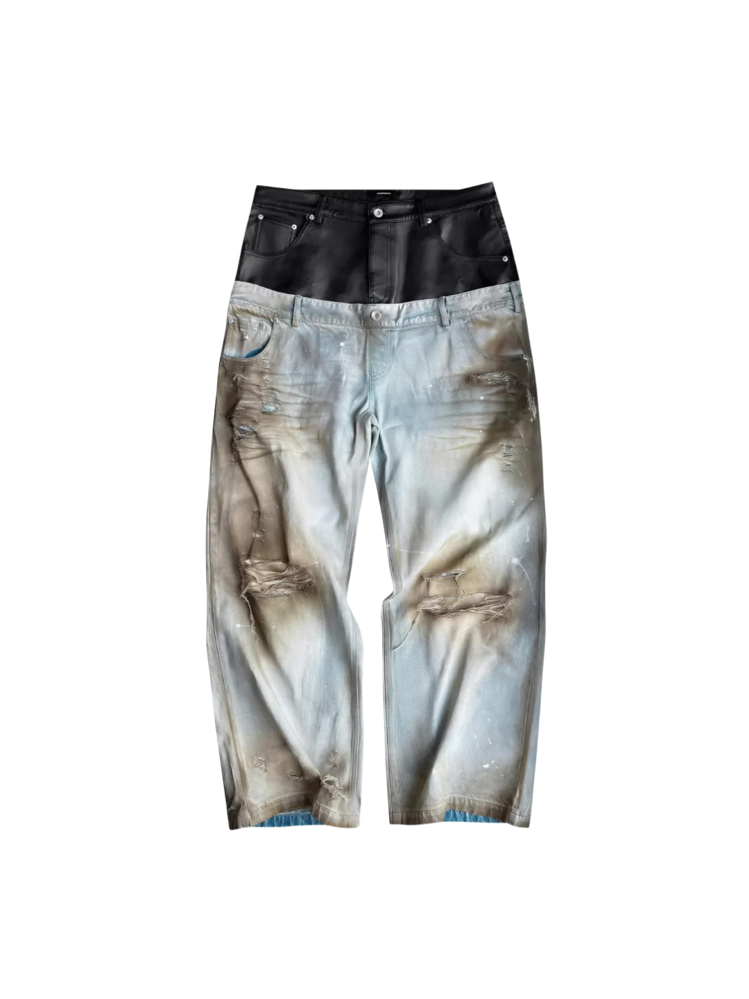 Destroyed PU Patch Double Waistband Jeans