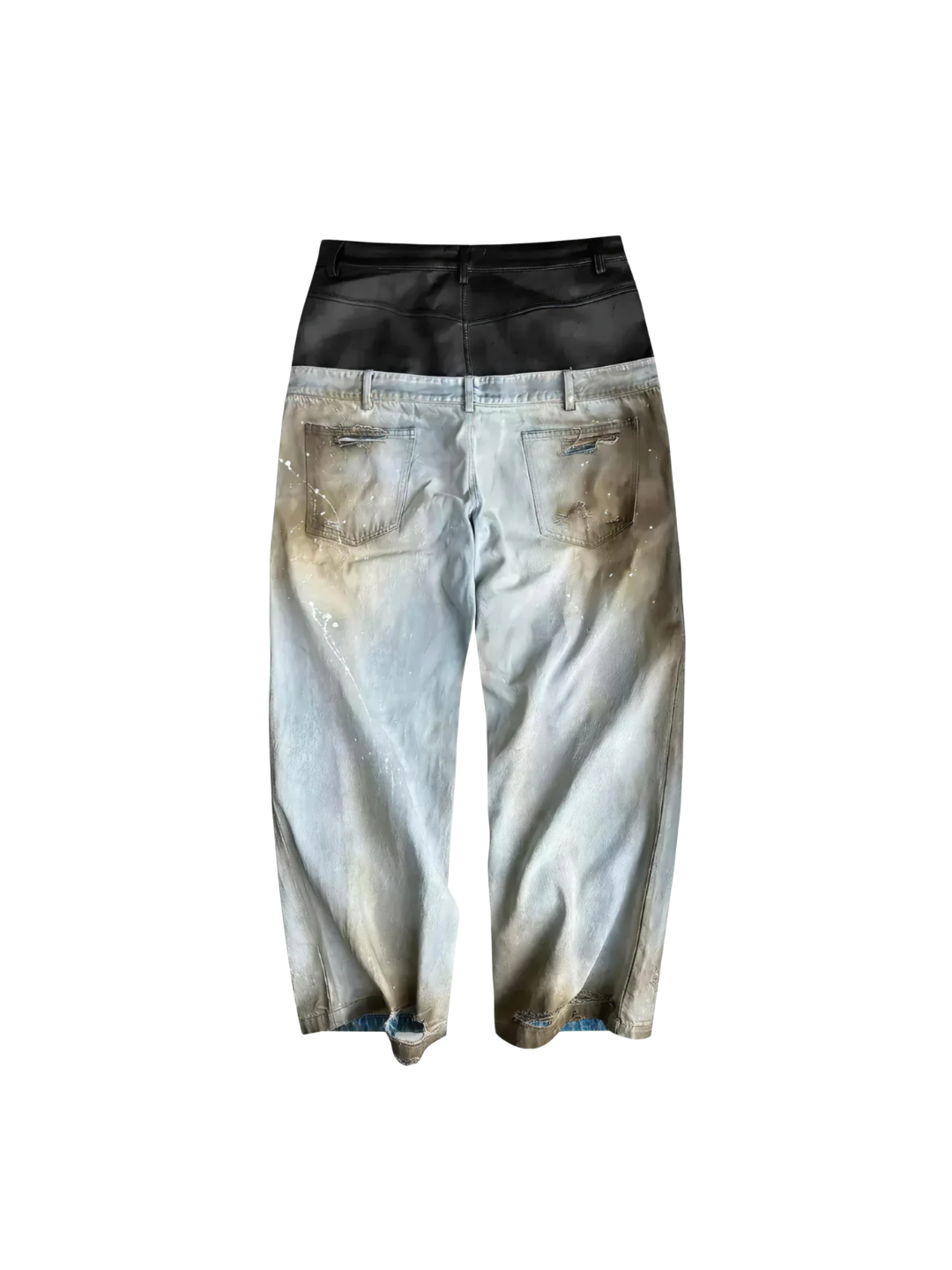 Destroyed PU Patch Double Waistband Jeans