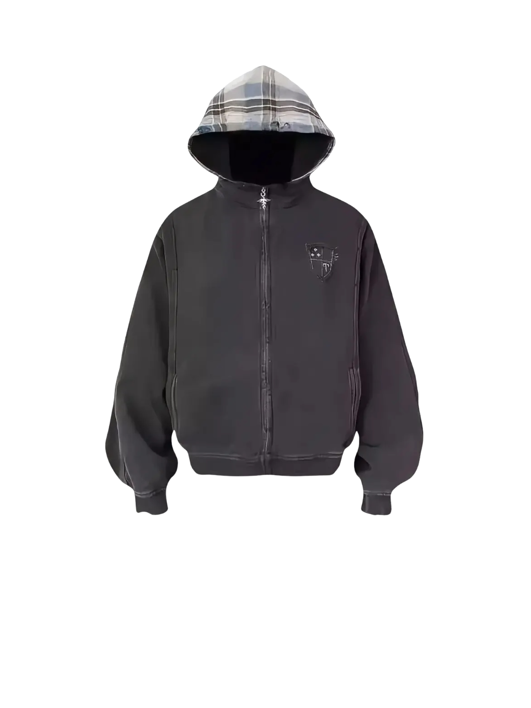 Washed Faux Two Plaid Pattern Piece Hooded Jacket
