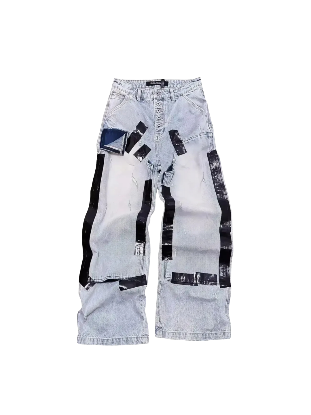 Heavily Distressed Duct Taped Washed Denim Jeans