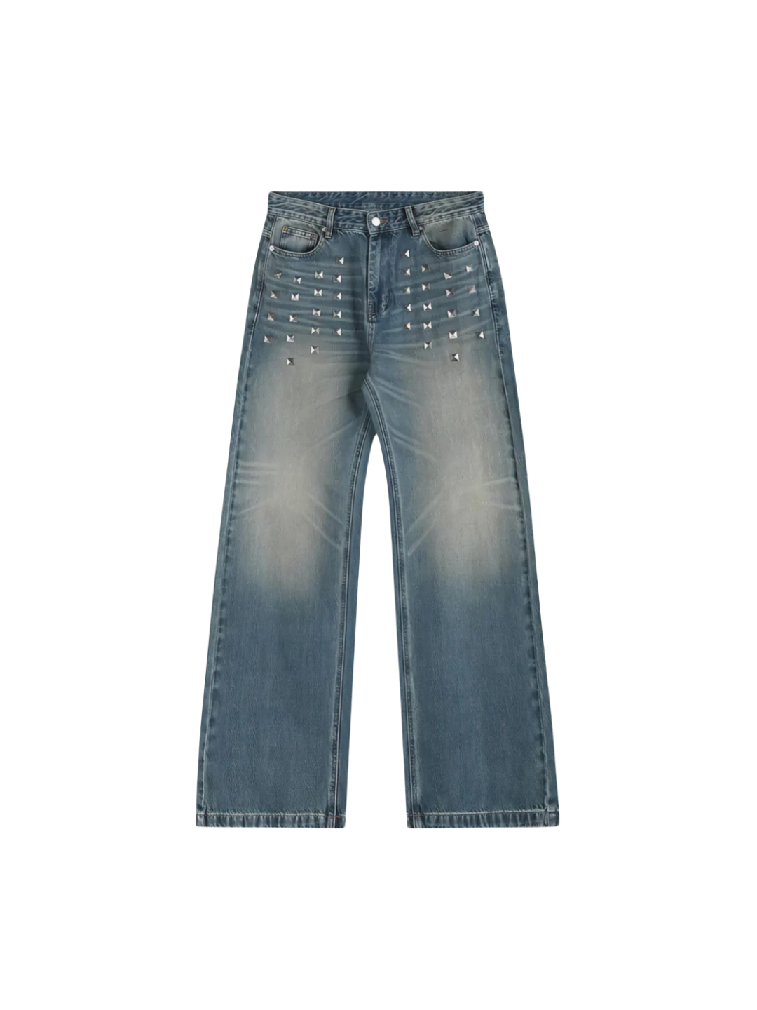 Blue Distressed Whisker Wash Baggy Loose Straight Jeans with Square Nails