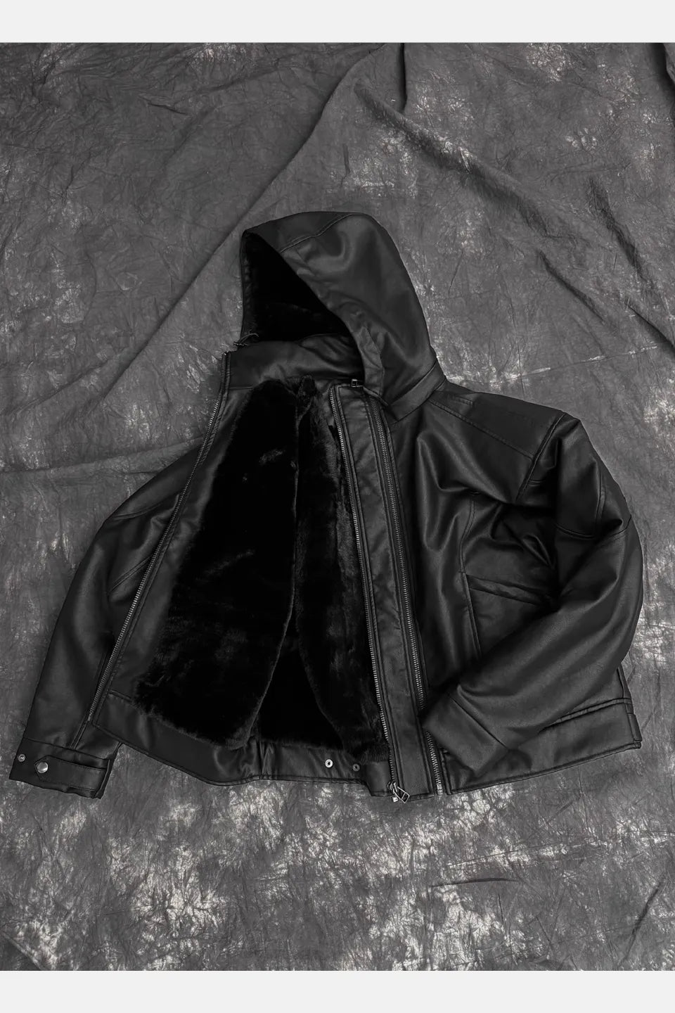 Back Hidden Detachable Double Zipper Angora Rabbit Fur Armor Leather Jacket