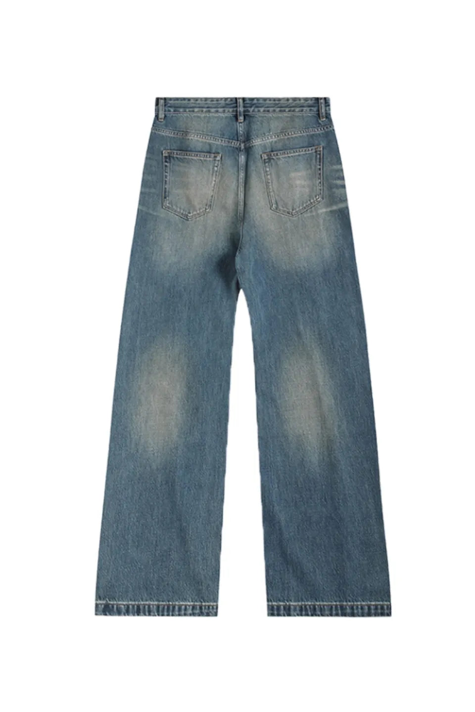 Blue Distressed Whisker Wash Baggy Loose Straight Jeans with Square Nails