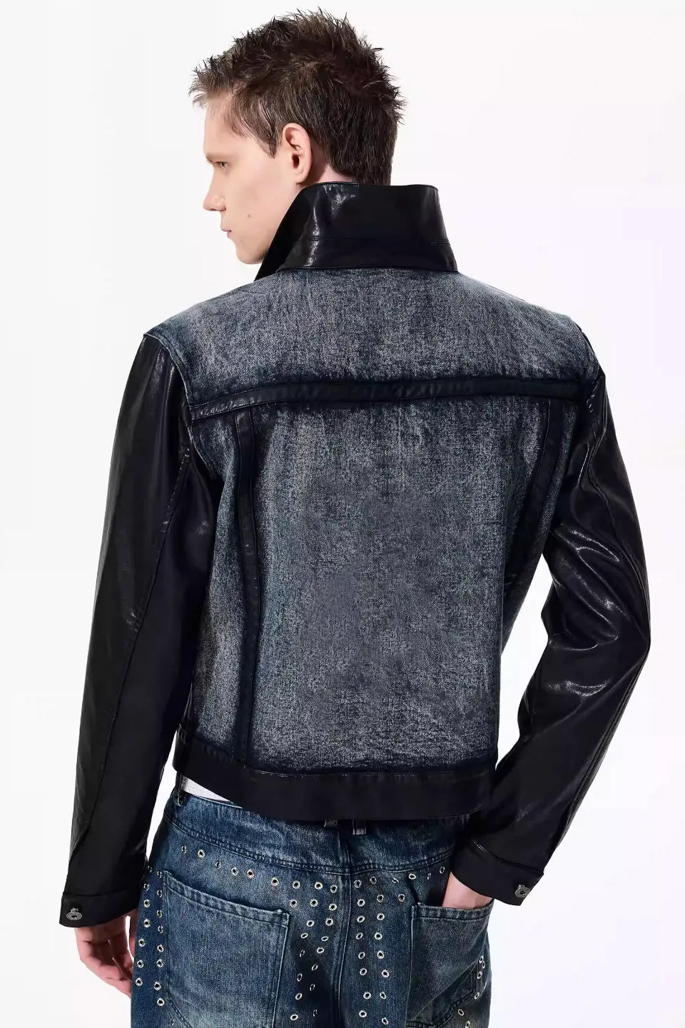 Cropped Leather Trim Denim Biker Jacket