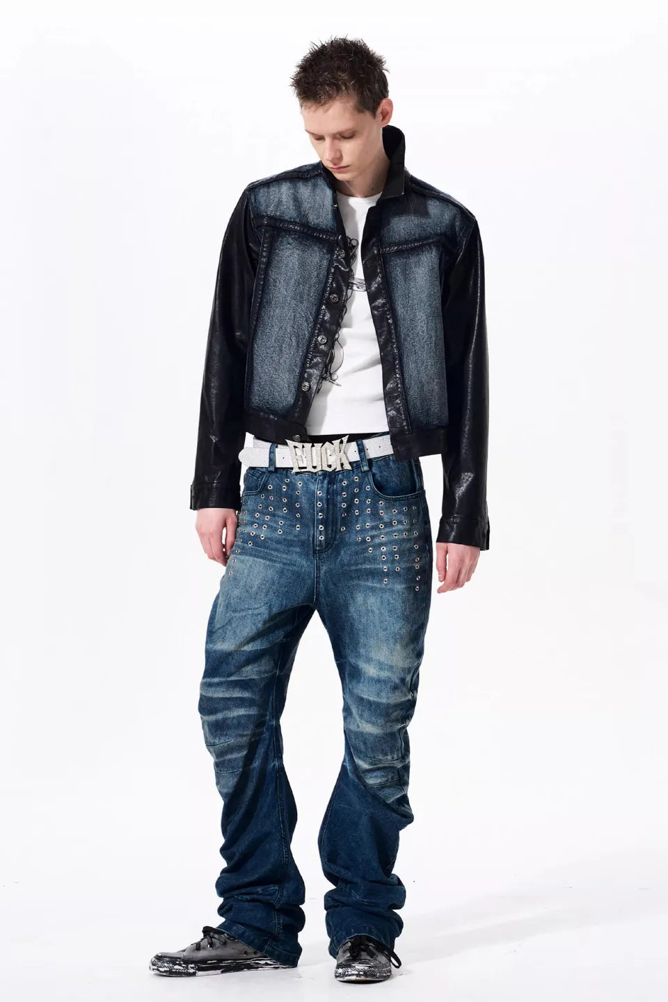 Cropped Leather Trim Denim Biker Jacket