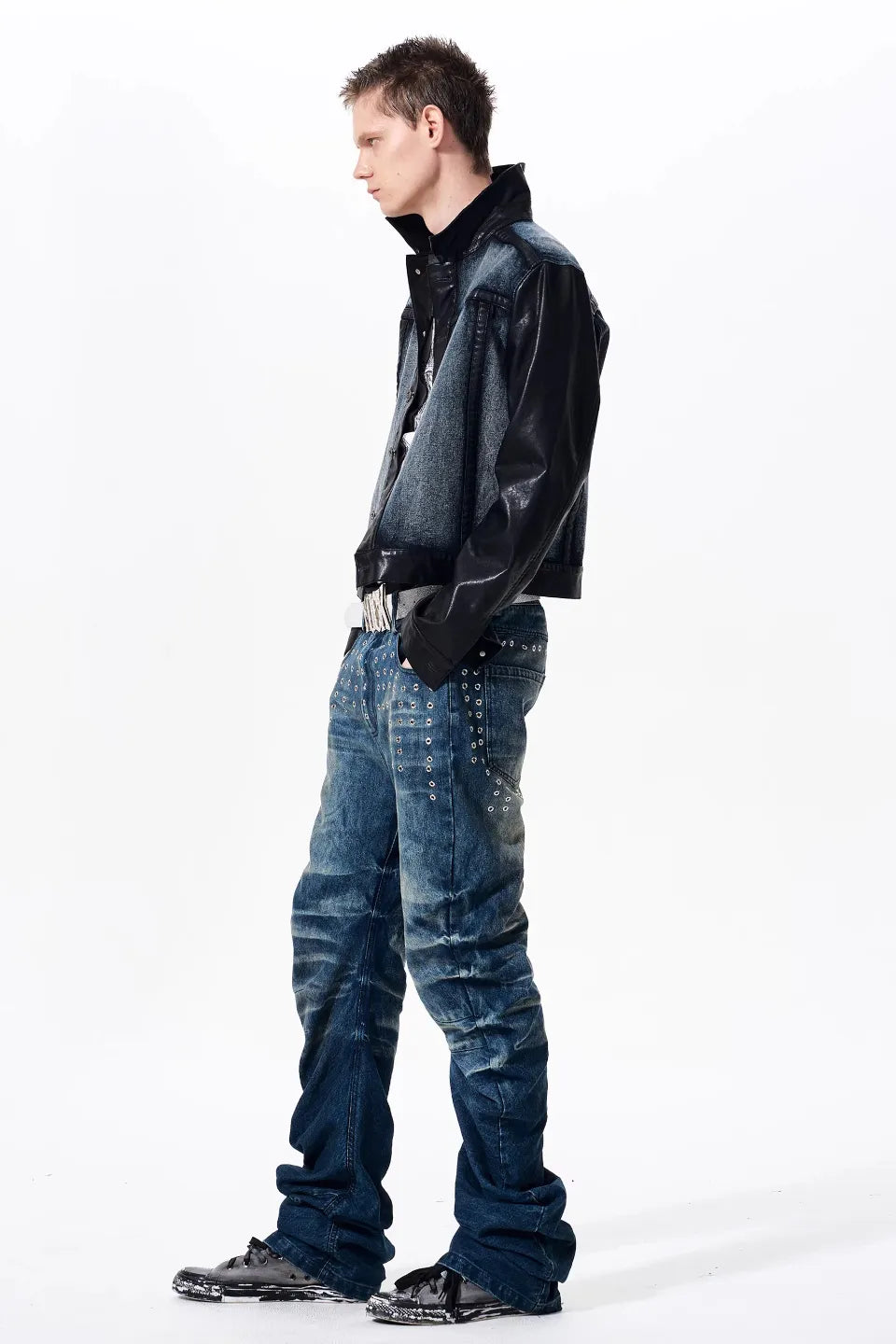 Cropped Leather Trim Denim Biker Jacket