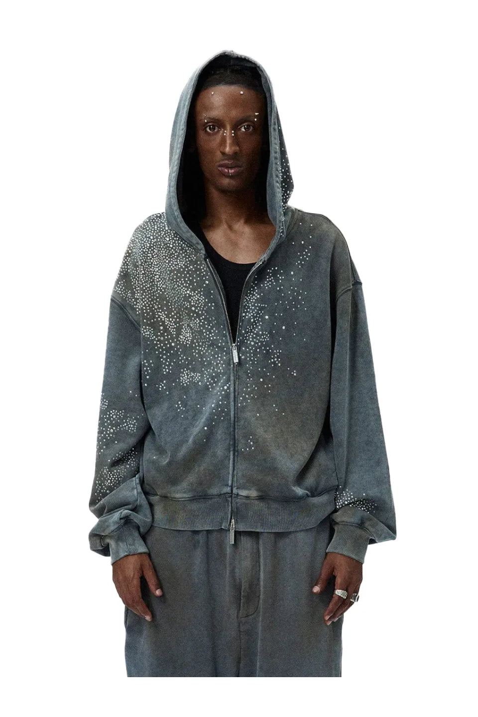 Diamond Distressed Zip Up Hoodie