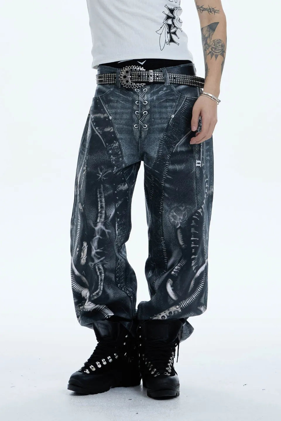 Industrial Pipe Lace Up Graphic Baggy Jeans