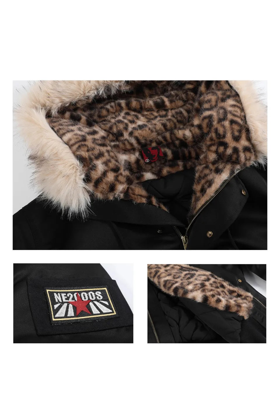 Leopard Print Hooded Fur  Collar Military Badge Armband