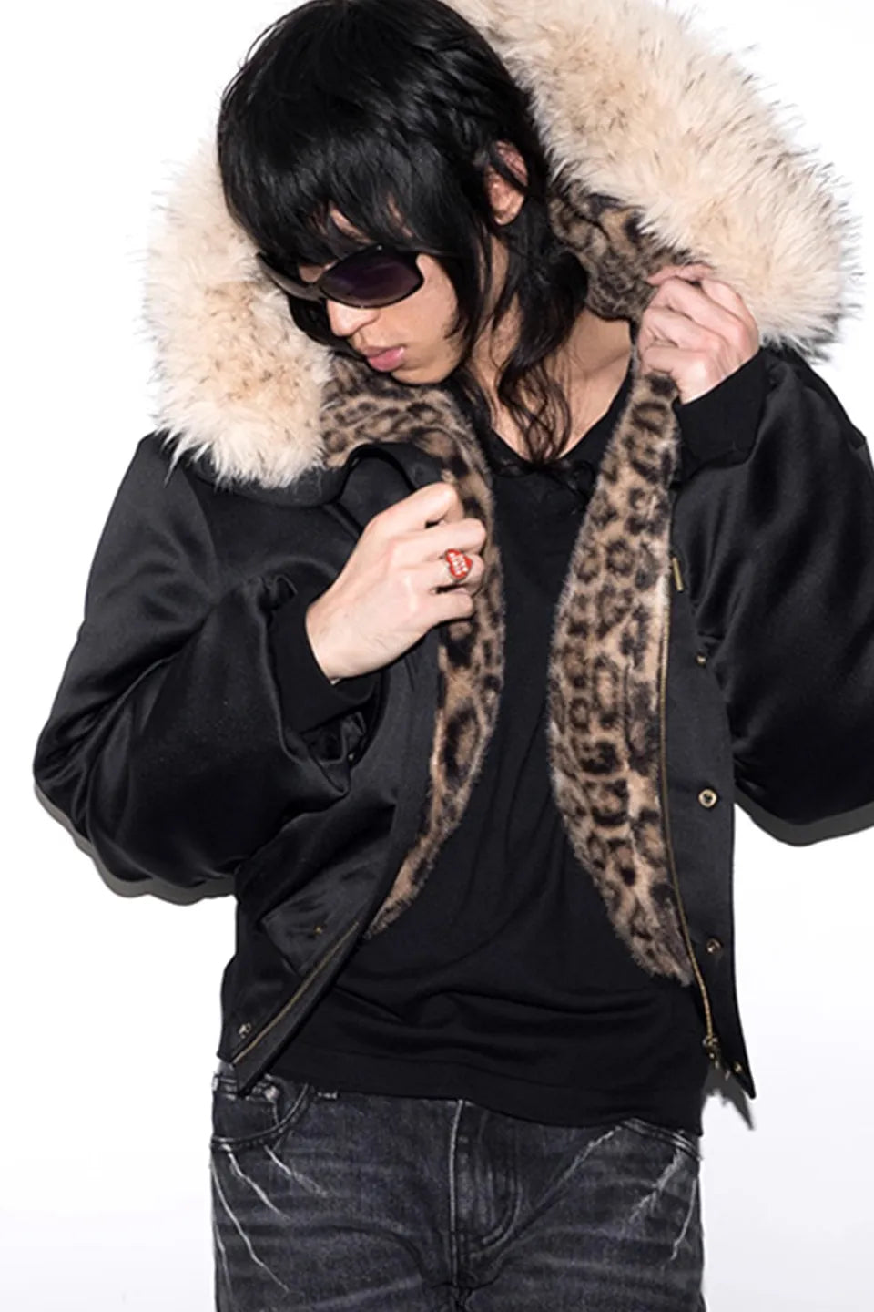 Leopard Print Hooded Fur  Collar Military Badge Armband