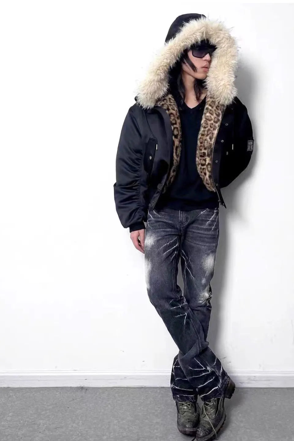 Leopard Print Hooded Fur  Collar Military Badge Armband
