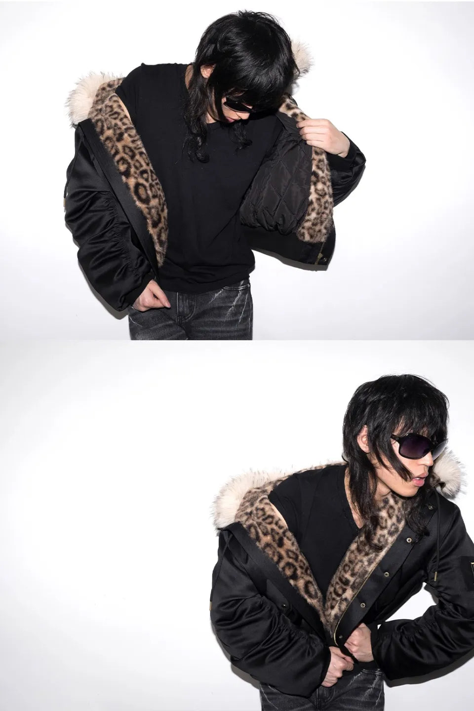 Leopard Print Hooded Fur  Collar Military Badge Armband
