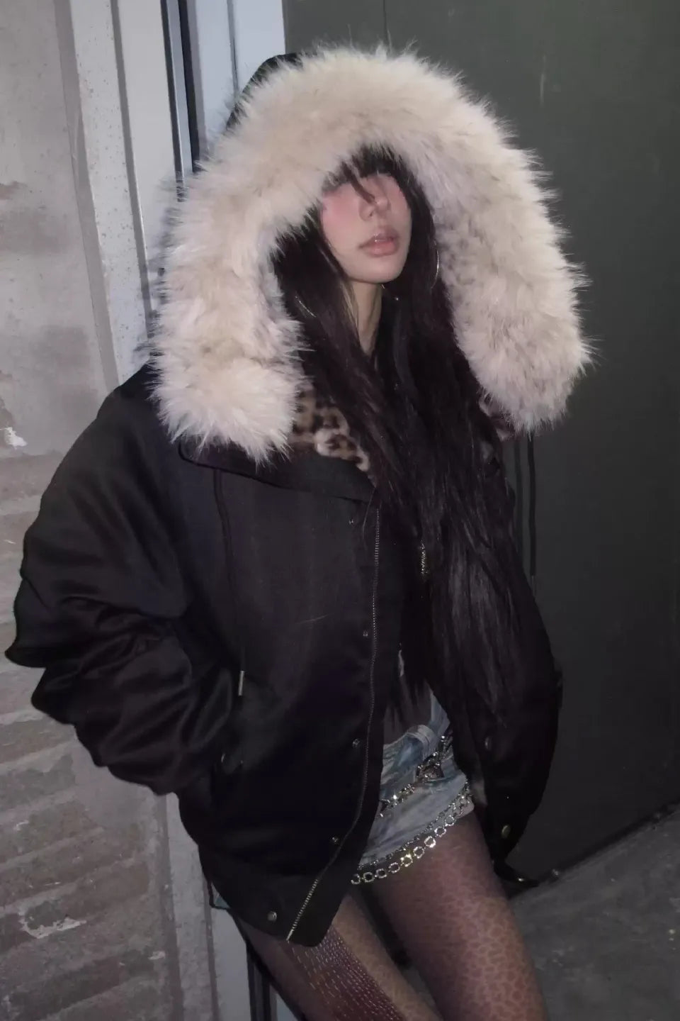 Leopard Print Hooded Fur  Collar Military Badge Armband