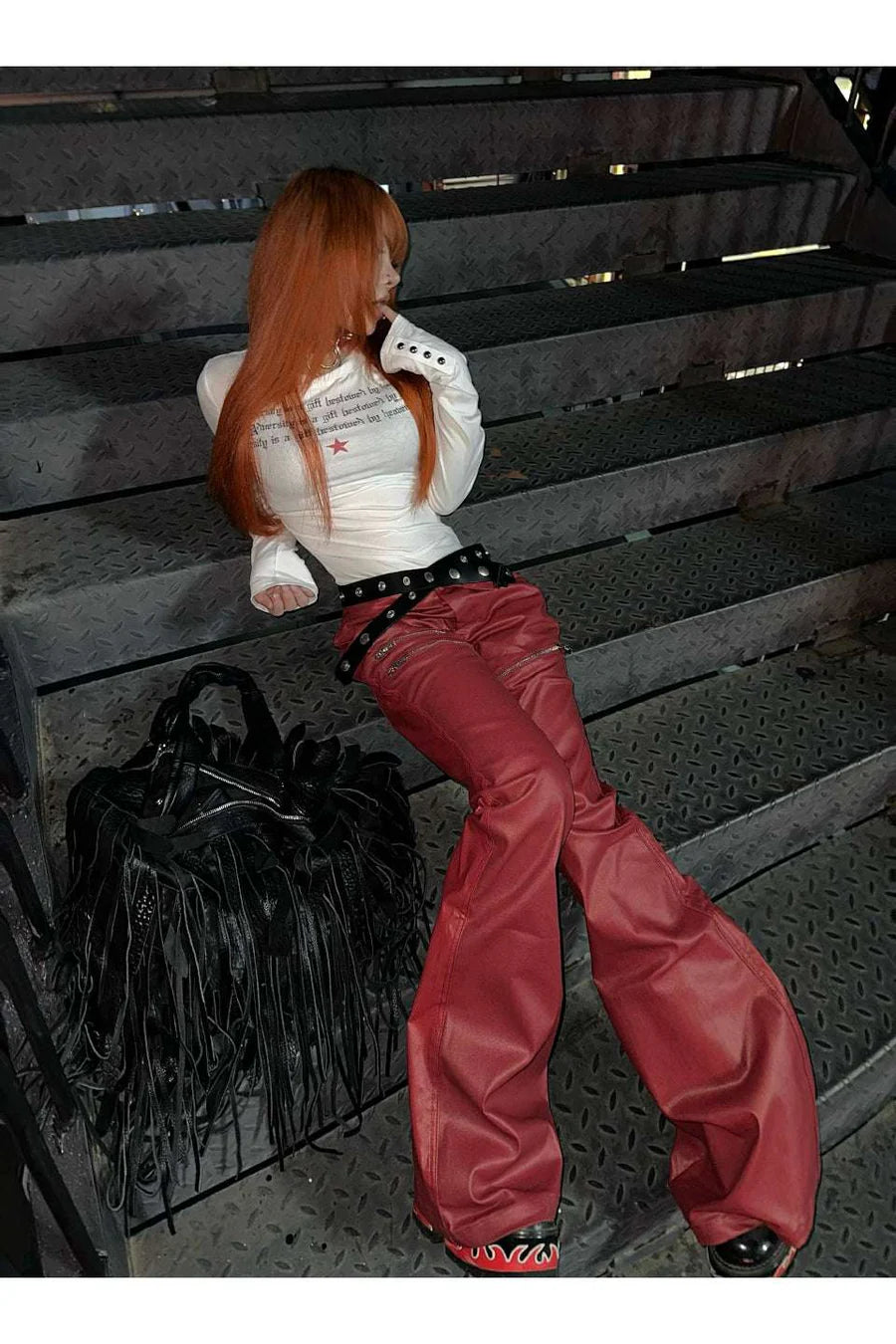 Liquid Metal Red Coated Flare Denim