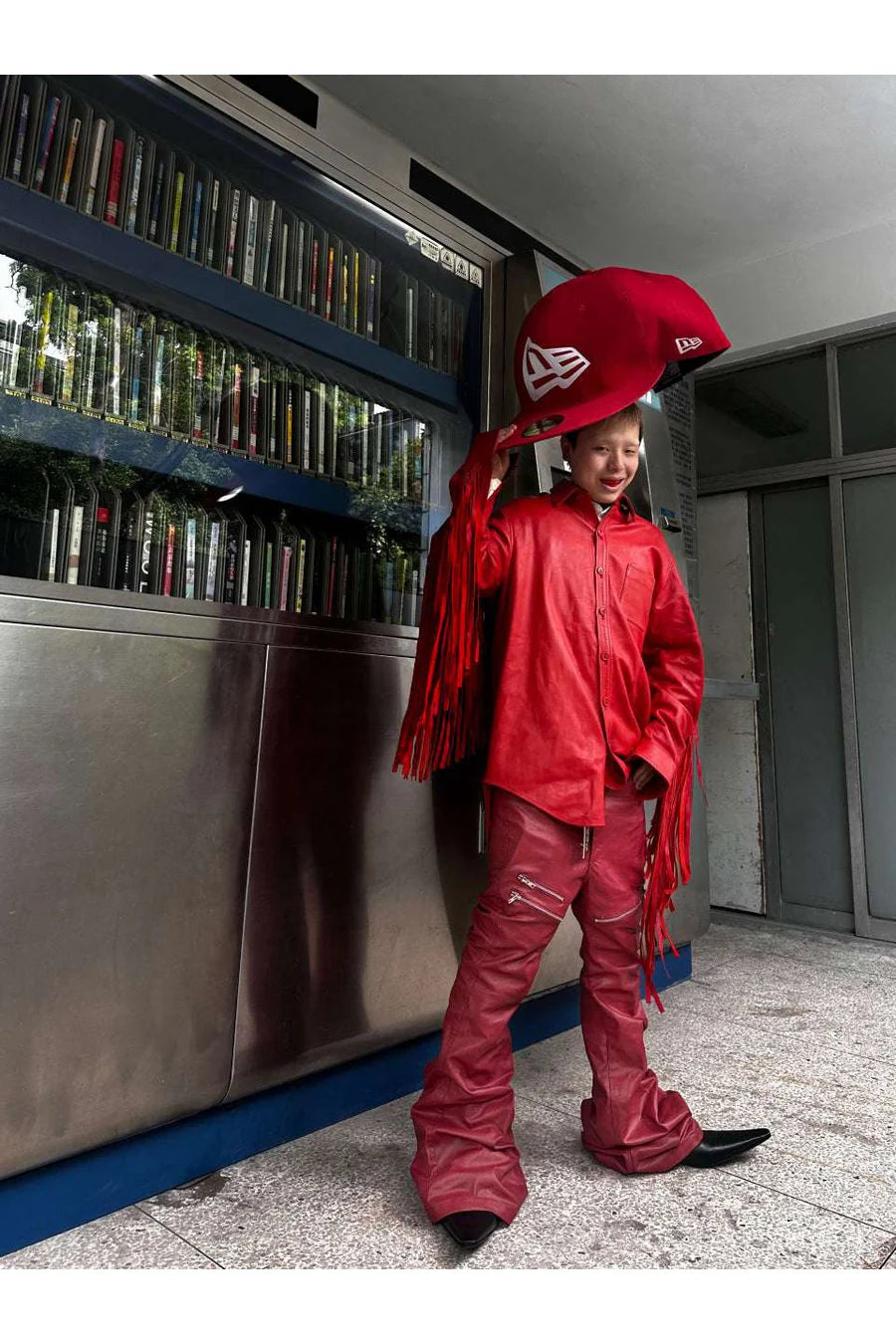 Liquid Metal Red Coated Flare Denim