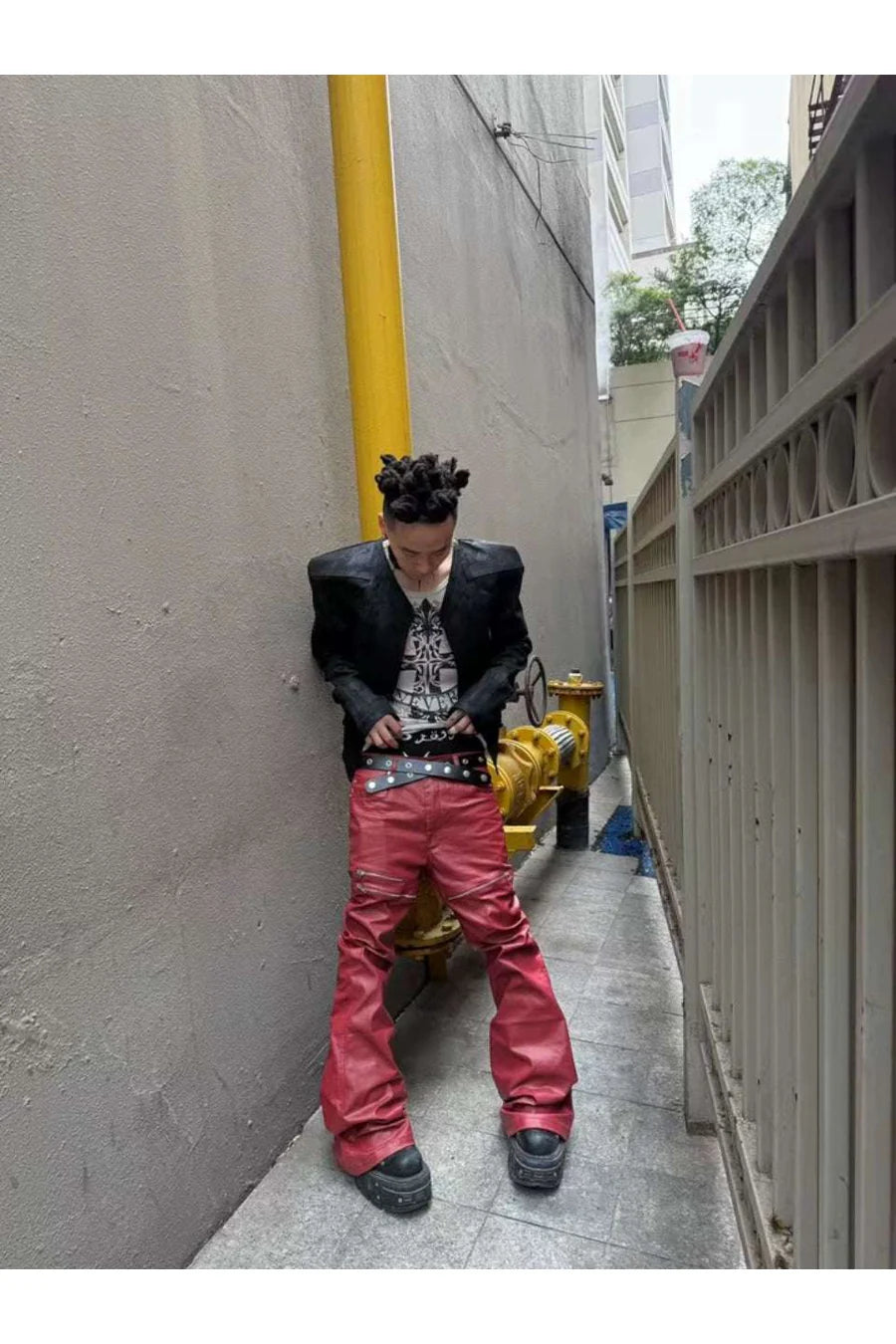 Liquid Metal Red Coated Flare Denim