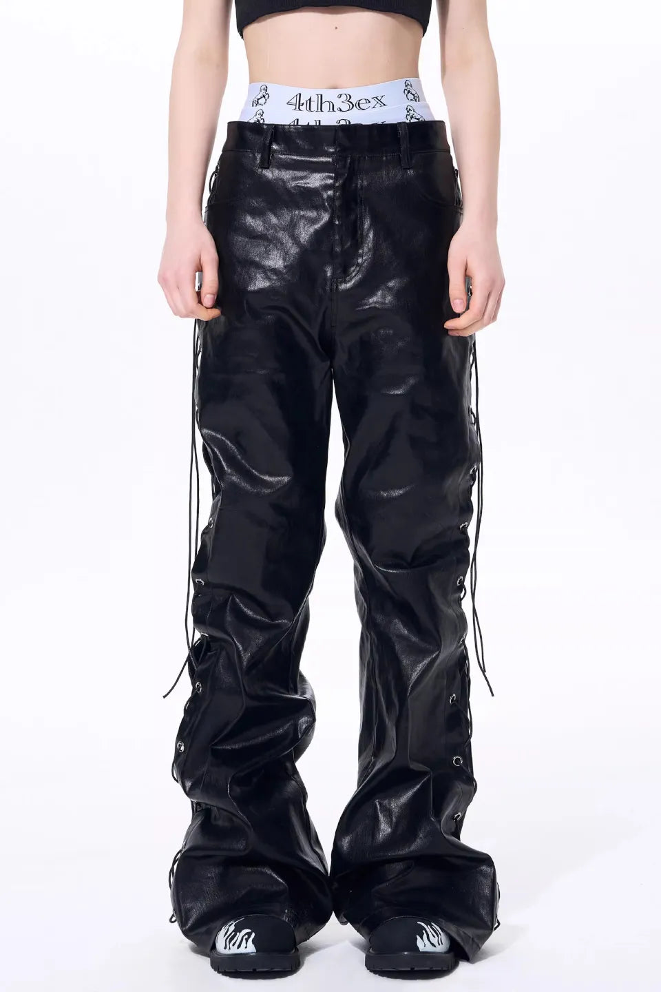 Metallic Coated Lace Up Waxed Micro Flare Jeans