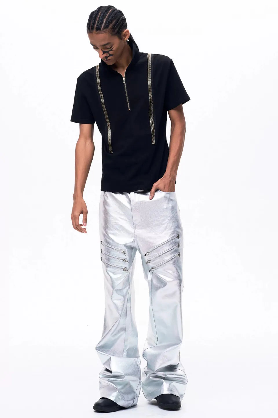 Metallic Silver Flared Trousers