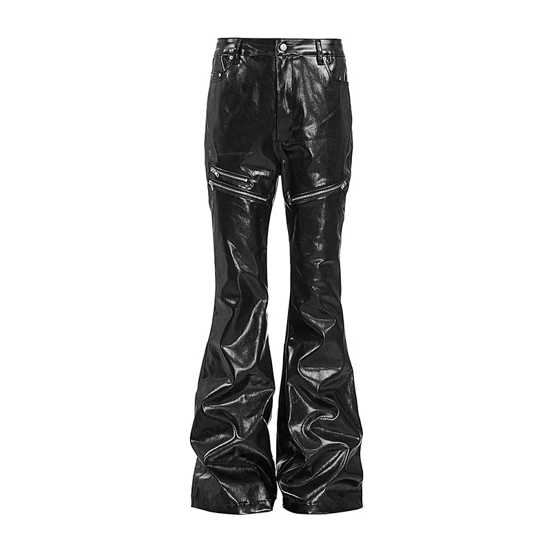 RХЯ Black Liquid Metal Coated Zipper Waxed Flare Pants