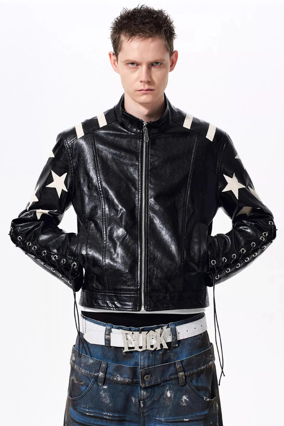 Star Embossed Lace Up Biker Jacket