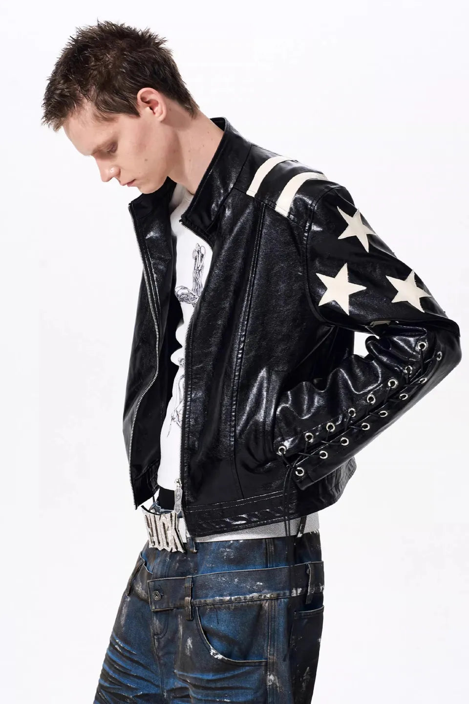Star Embossed Lace Up Biker Jacket