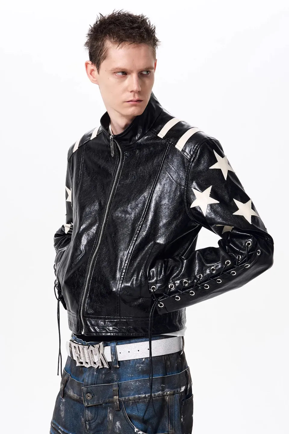 Star Embossed Lace Up Biker Jacket