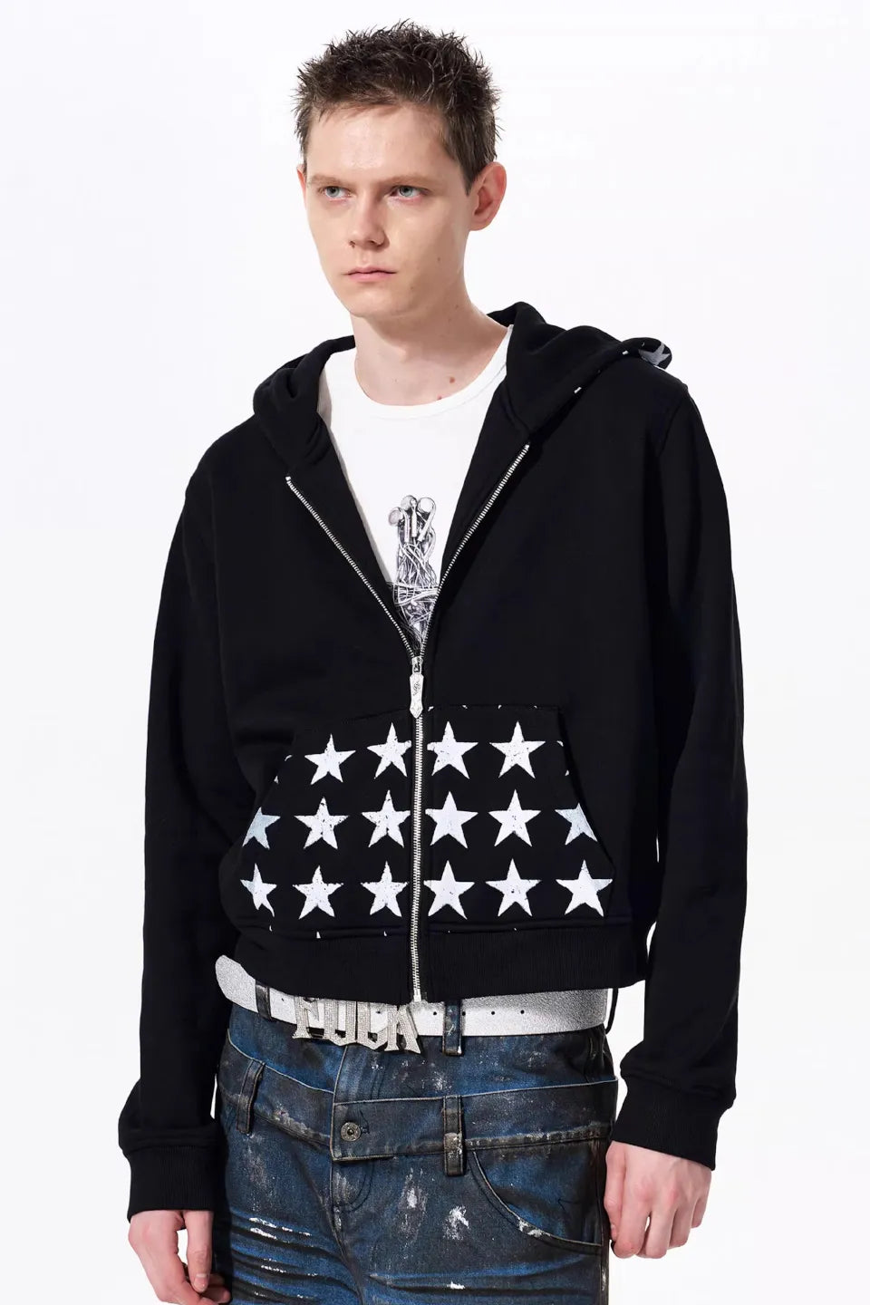 Star Print Zip Up Hoodie