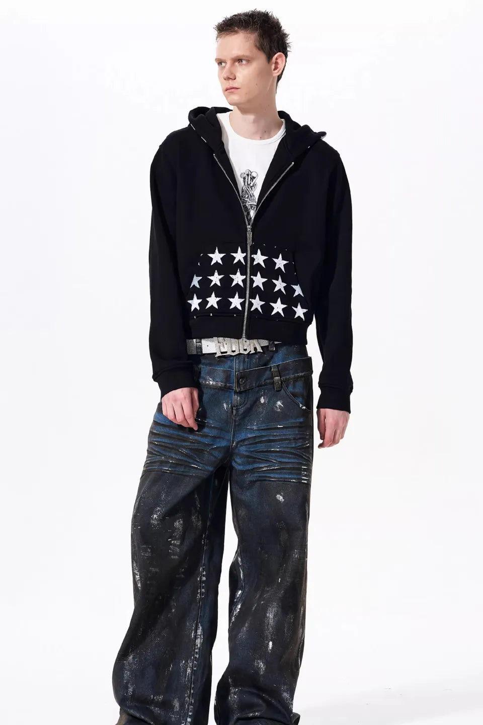 Star Print Zip Up Hoodie