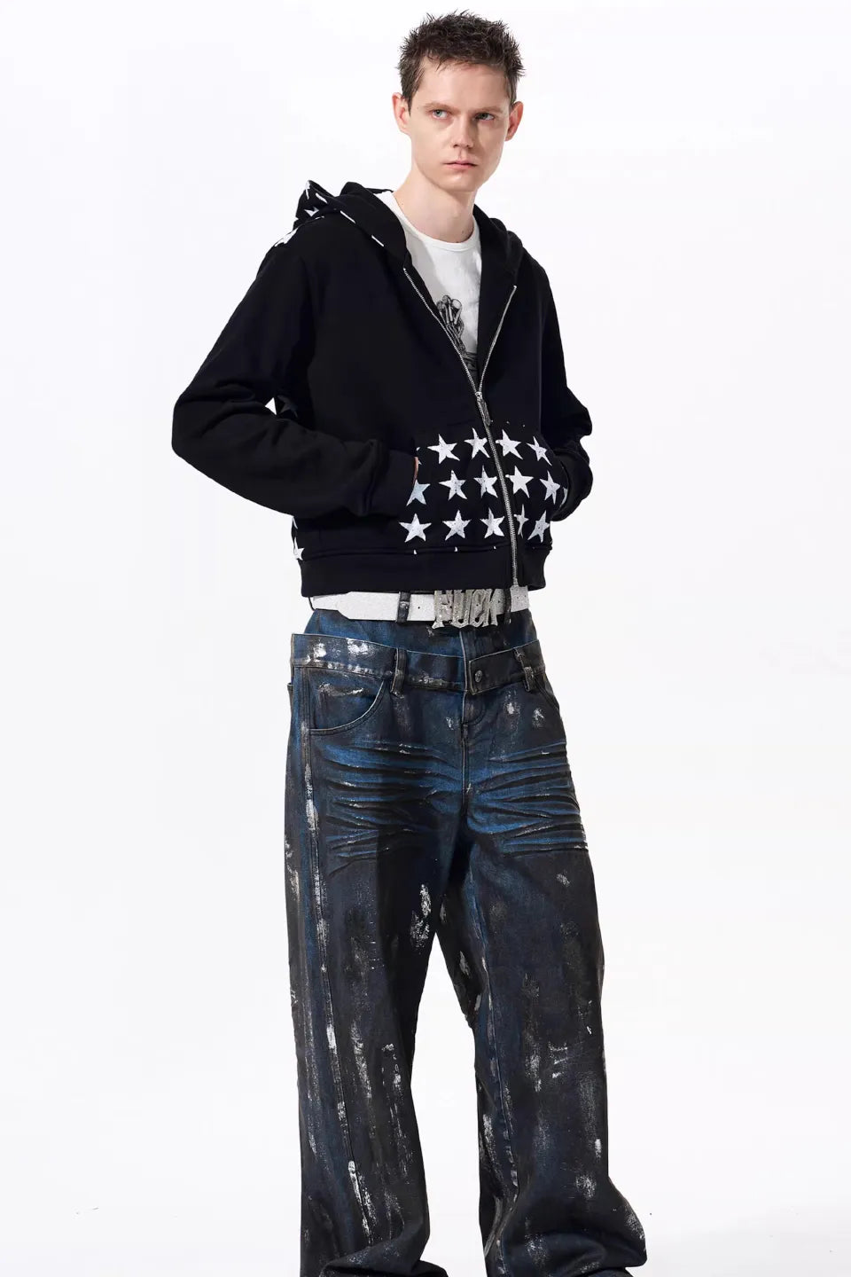 Star Print Zip Up Hoodie