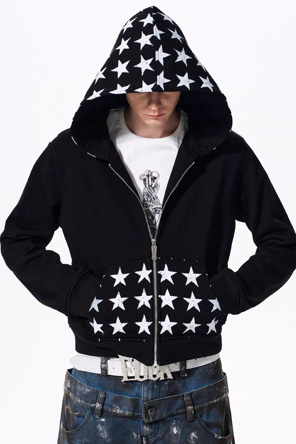 Star Print Zip Up Hoodie