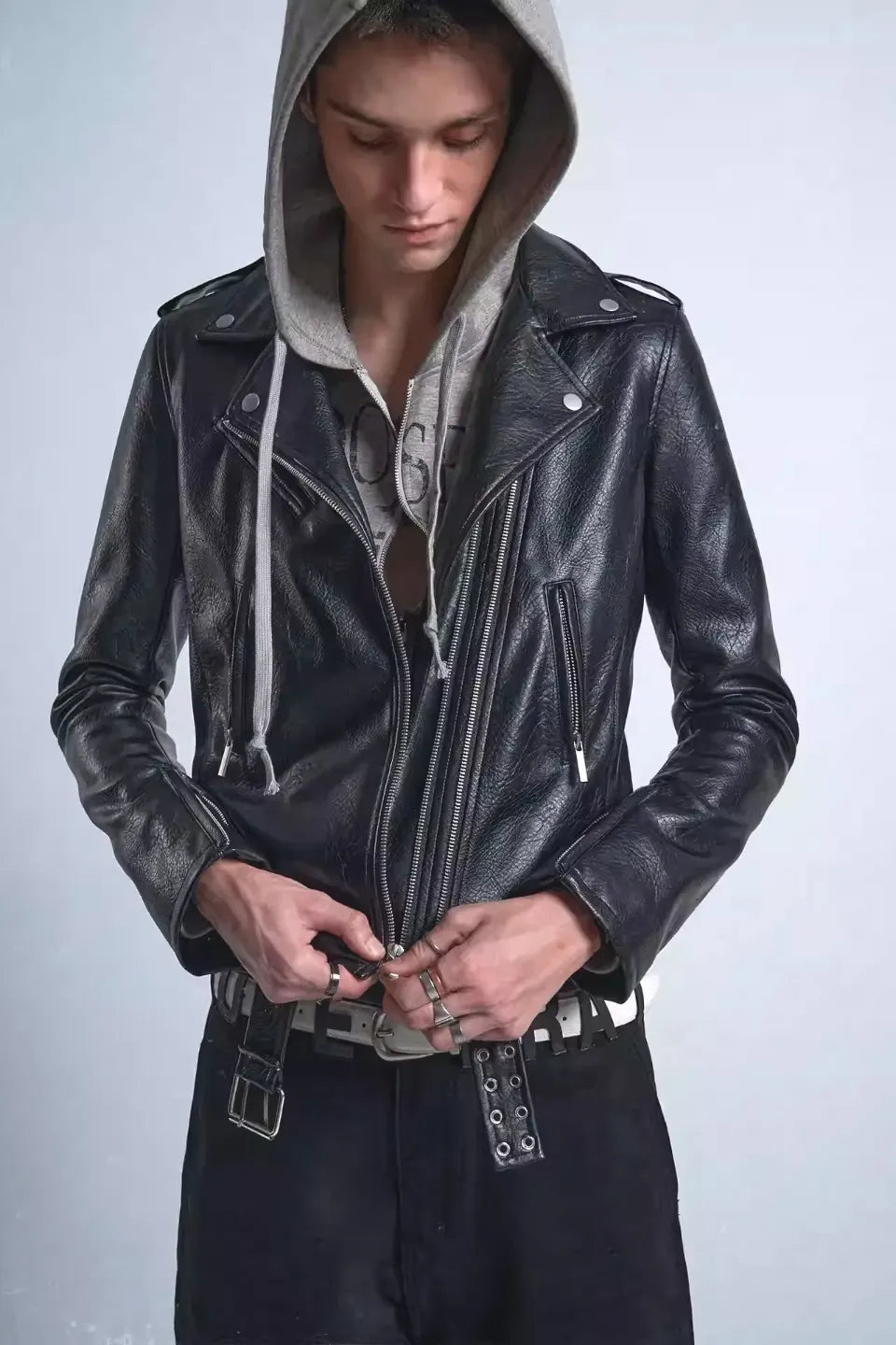 Void Double Zipper Adjustable Rock and Roll Leather Biker Jacket