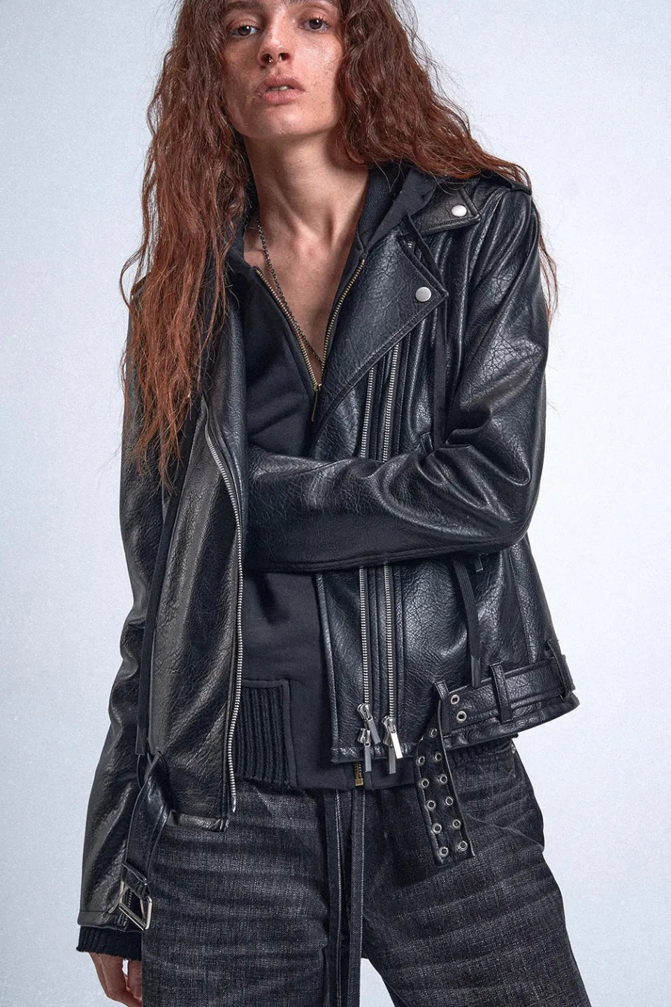 Void Double Zipper Adjustable Rock and Roll Leather Biker Jacket