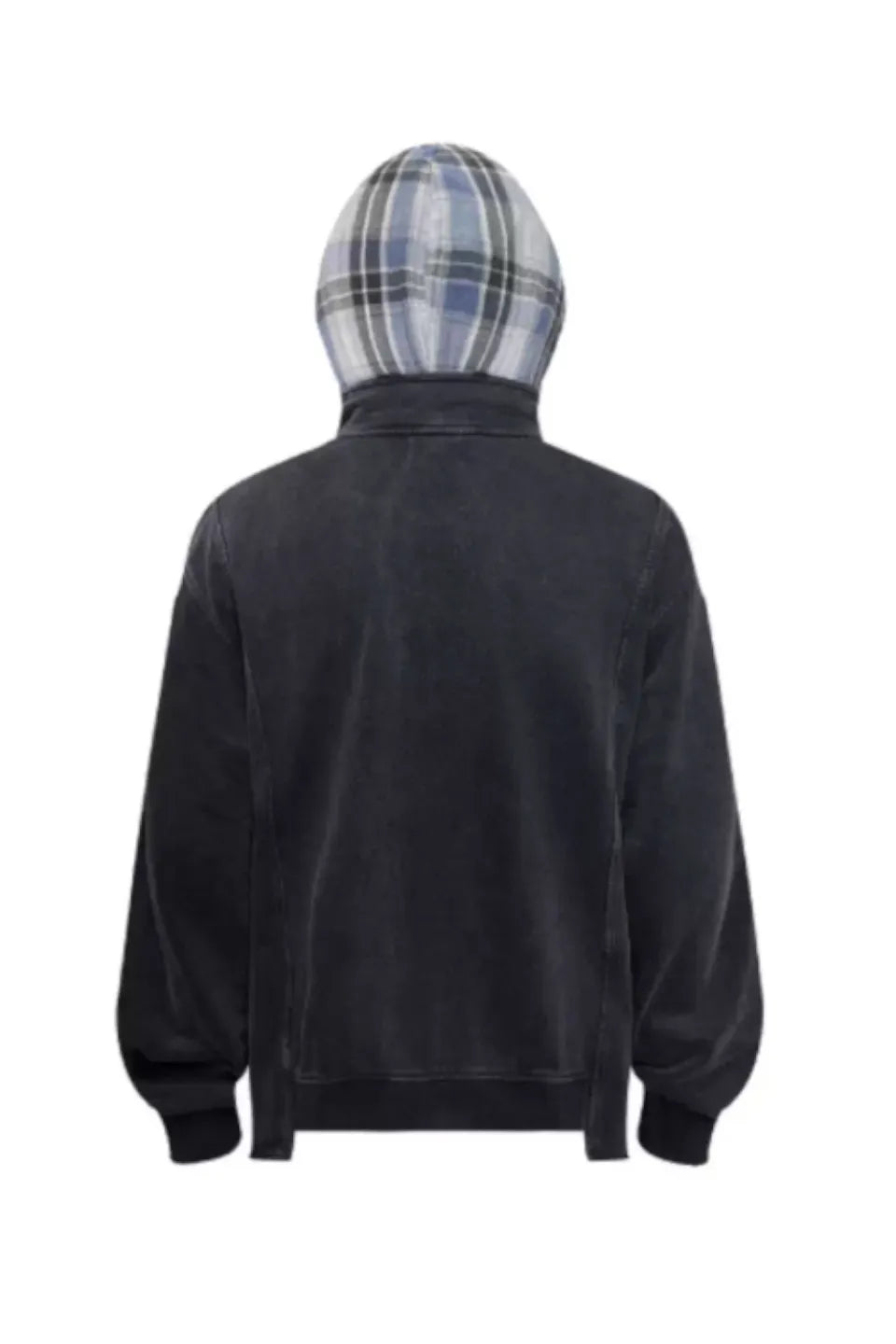 Washed Faux Two Plaid Pattern Piece Hooded Jacket