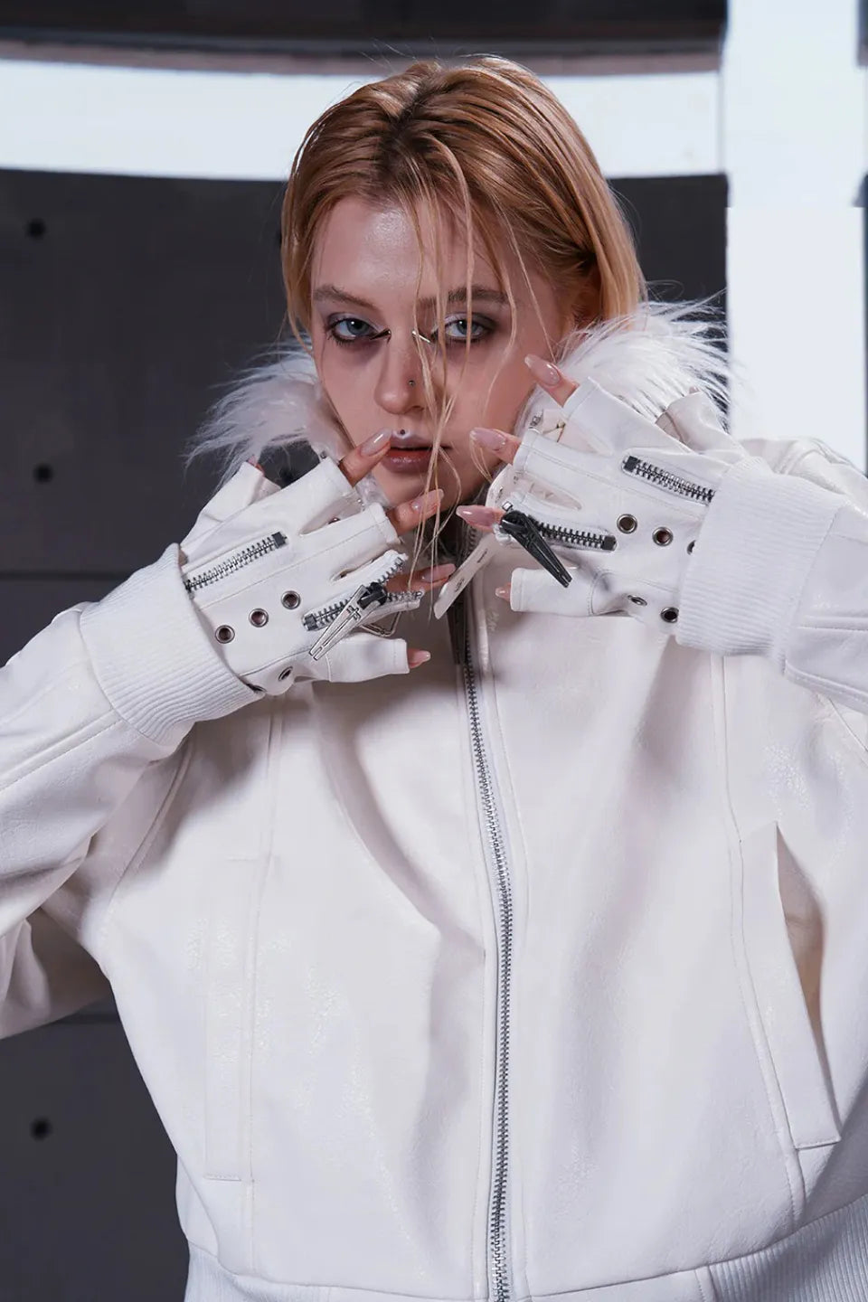 White Double Zipper Layered Gloves